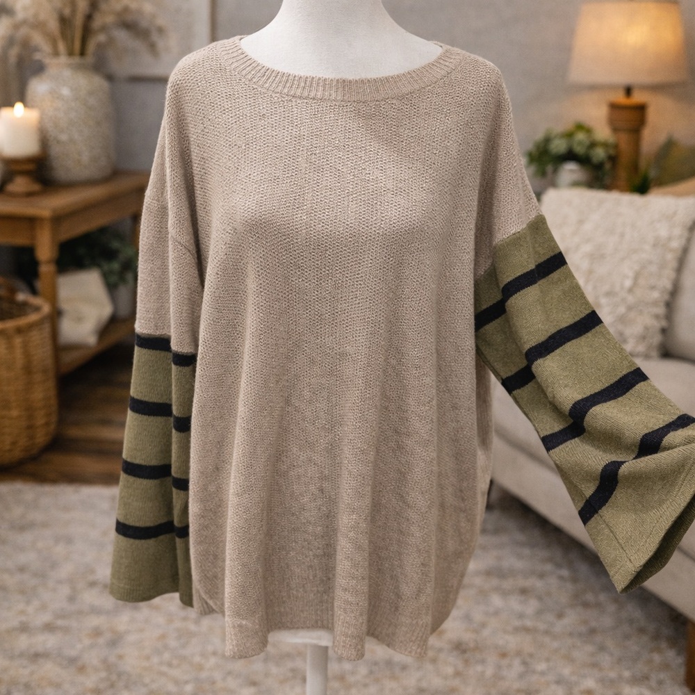 Striped Sleeve Beige Sweater NWOT